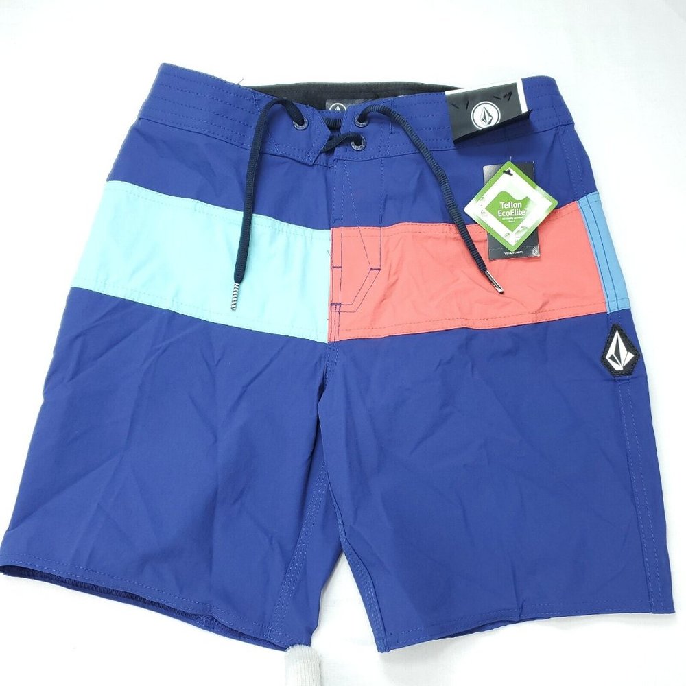 Volcom Vision Liberators Boardshorts Boys 12Y/26 Blue Red Colorblock Stretch